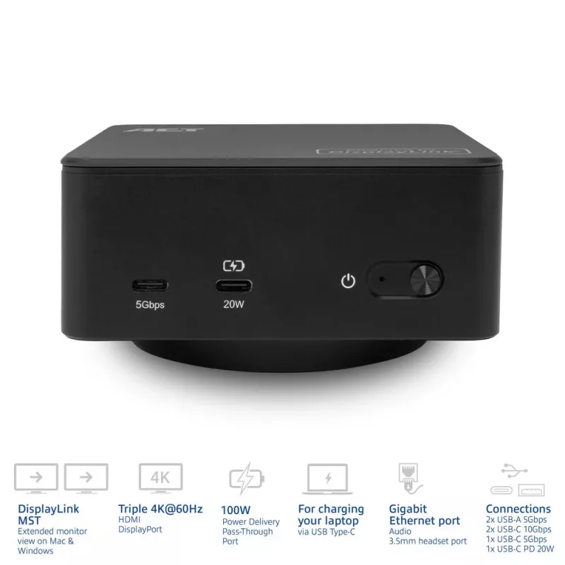 ACT universali USB-C dokų stotelė AC7148, 3x 4K monitoriams, DisplayLink, 135W