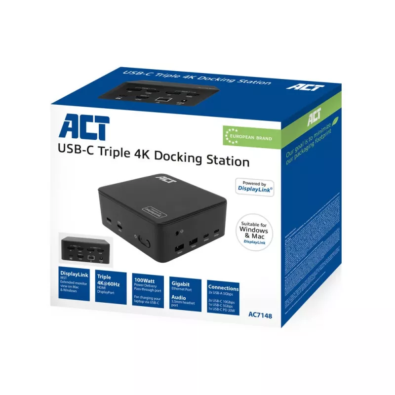 ACT universali USB-C dokų stotelė AC7148, 3x 4K monitoriams, DisplayLink, 135W