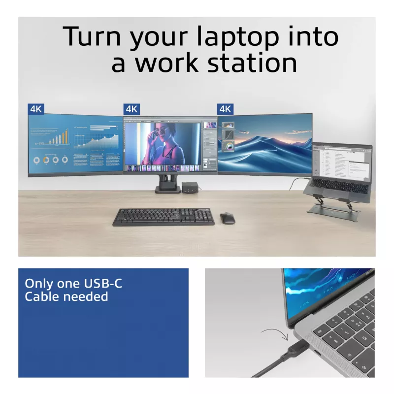ACT universali USB-C dokų stotelė AC7148, 3x 4K monitoriams, DisplayLink, 135W