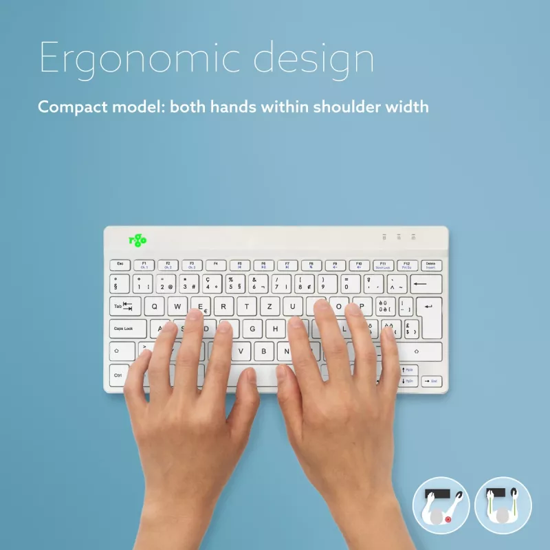 Ergonominė klaviatūra R-Go Compact Break, kompaktiška su pertraukų programine įranga, QWERTZ (CH), Bluetooth, balta