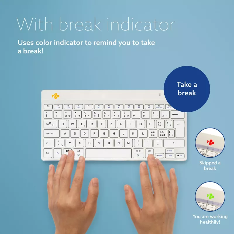 Ergonominė klaviatūra R-Go Compact Break, kompaktiška su pertraukų programine įranga, QWERTZ (CH), Bluetooth, balta