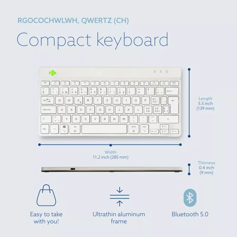 Ergonominė klaviatūra R-Go Compact Break, kompaktiška su pertraukų programine įranga, QWERTZ (CH), Bluetooth, balta