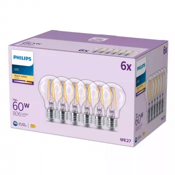 Philips kaitrinė lemputė skaidri 60 W A60 E27 x6, 7 W, 60 W, E27, 806 lm, 15000 h