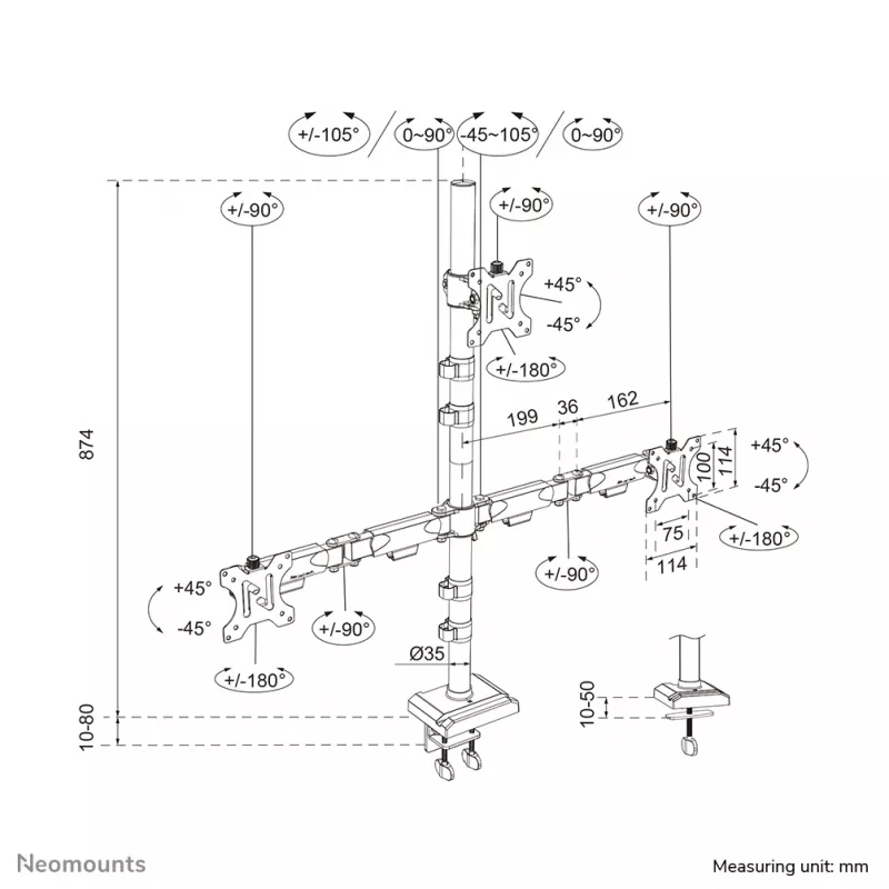 Neomounts DS60-600BL2-1 trijų monitorių laikiklis 10-32 colių, spaustuvas/įvorė, 9 kg, 25,4 cm (10 col.), 81,3 cm (32 col.), 100 x 100 mm, juodas