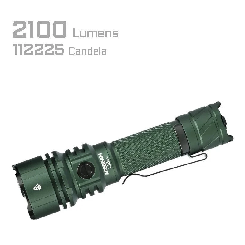 Rankinis žibintuvėlis AceBeam L16 2.0 Green – įkraunamas 21700 Li‑Jon, 5000 mAh, iki 2100 lm, IP68, 7 šviesos lygių