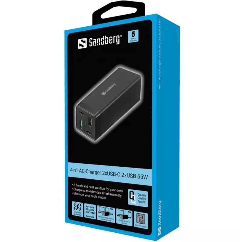 SANDBERG maitinimo blokas 65 W - 3,25 A - PD, QC - 4 išėjimai (2 x USB, 2 x USB-C)