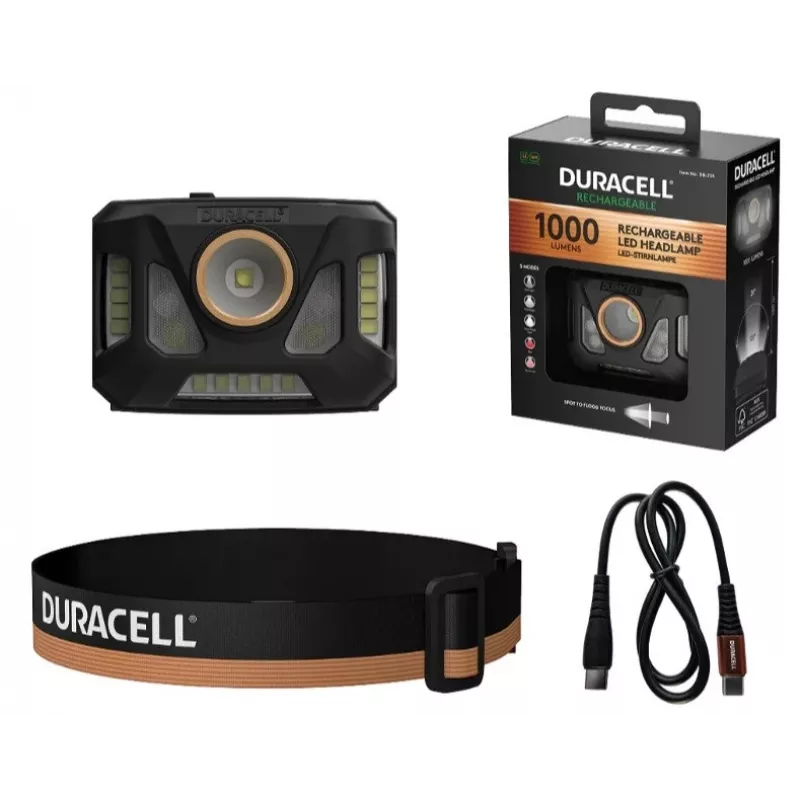 Duracell DH1000R — juodai oranžinė įkraunama galvos lemputė, laisvų rankų apšvietimas