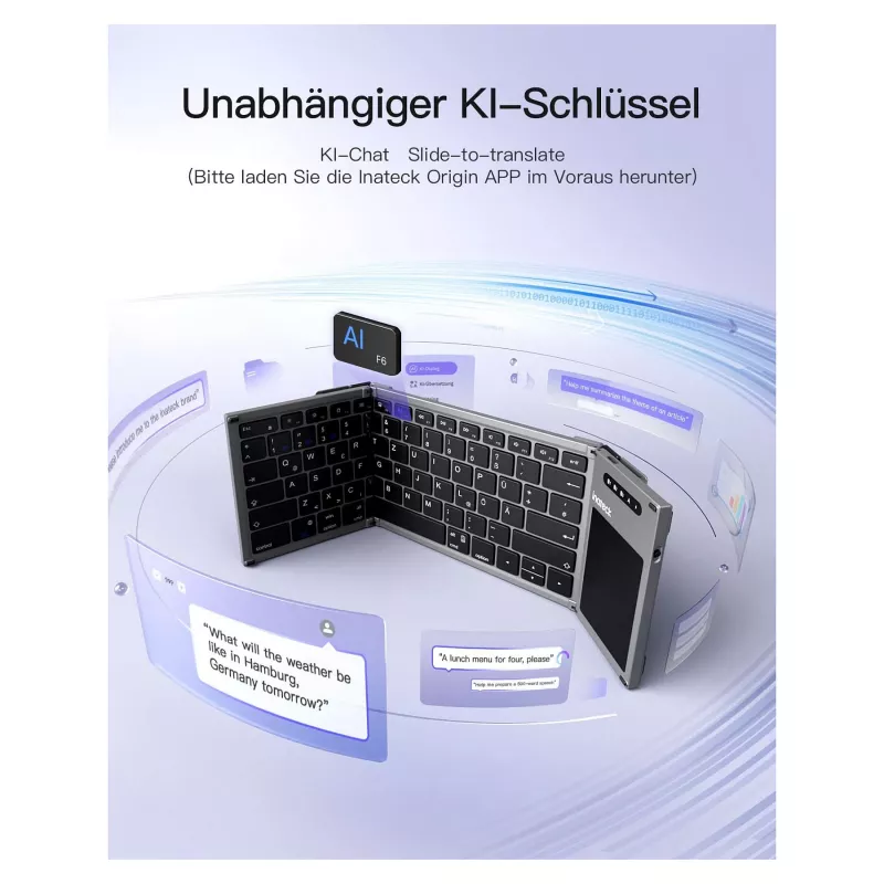 Inateck KB06101_PLIKINĖ PILKA belaidė klaviatūra RF + Bluetooth, QWERTZ išdėstymas, juoda