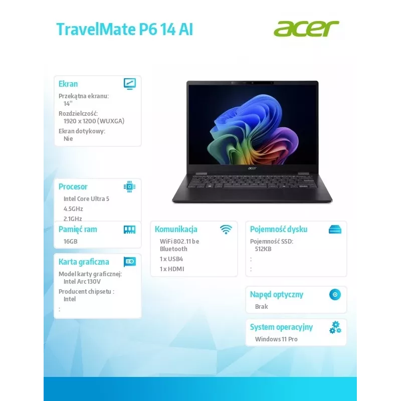 Nešiojamas kompiuteris Acer TravelMate P6 14 AI TMP614-54T, Intel Ultra 5, 16GB RAM, 512GB SSD, Windows 11 Pro, 226V baterija