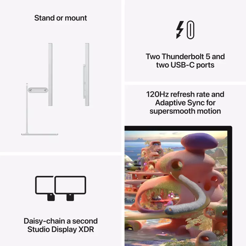 Monitorius Apple Studio Display XDR 27 colių 5K Ultra HD LED, standartinis stiklas, reguliuojamo aukščio ir pasvirimo stovas, sidabrinis
