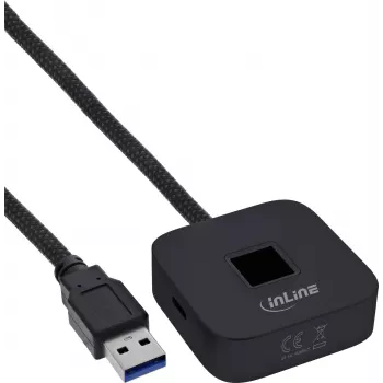 InLine USB pirštų atspaudų skaitytuvas su USB šakotuvu, suderinamas su Windows Hello, 1,5 m laidas, juodas