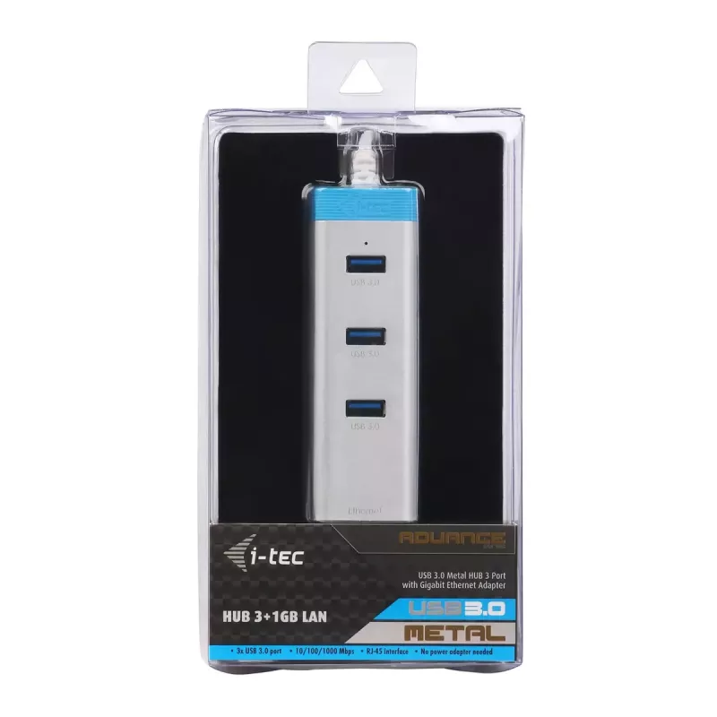 USB 3.0 3 prievadų metalinis šakotuvas su Gigabit Ethernet ITEC U3GLAN3HUB, sidabrinis