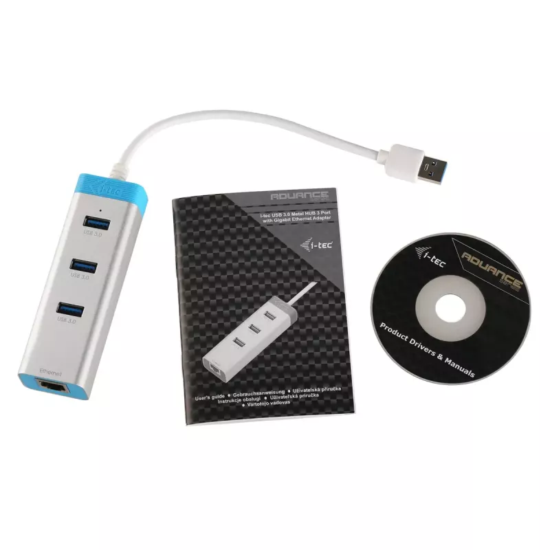 USB 3.0 3 prievadų metalinis šakotuvas su Gigabit Ethernet ITEC U3GLAN3HUB, sidabrinis