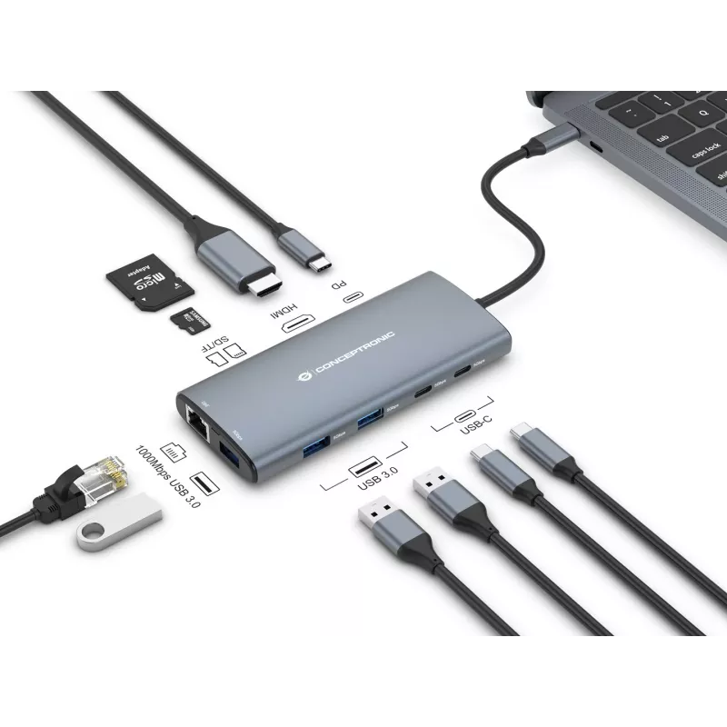CONCEPTRONIC 10-1 Dock USB-C → HDMI / 2xUSB-C / 3xUSB-A + 20 cm pilka