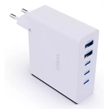 Verico MOJO GaN 140W kelių prievadų USB-C ir USB-A greitasis įkroviklis nešiojamiesiems kompiuteriams, išmaniesiems telefonams ir planšetėms, baltas