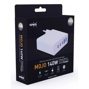 Verico MOJO GaN 140W kelių prievadų USB-C ir USB-A greitasis įkroviklis nešiojamiesiems kompiuteriams, išmaniesiems telefonams ir planšetėms, baltas