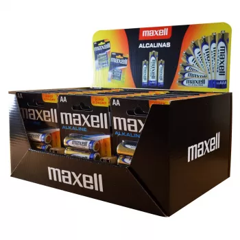 MAXELL Alkaline LR6 AA vienkartinės baterijos 1,5V – pakuotė po 4 vnt. (prekinis stendas 30 lizdų / 120 vnt.)