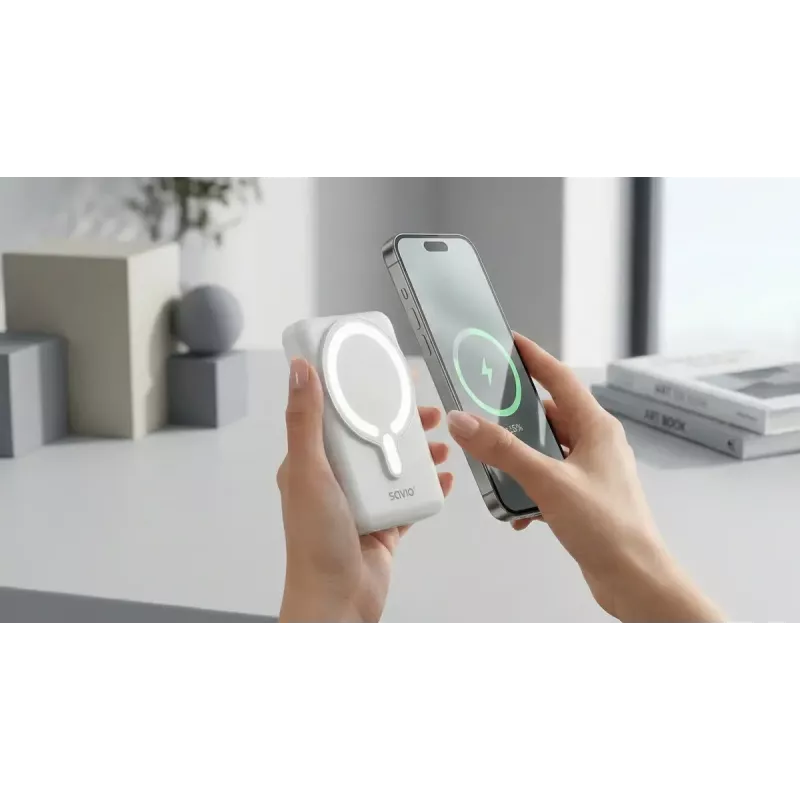 Power bank SAVIO BA-13 10000 mAh su belaidžiu įkrovimu ir 20 W išvestimi, Baltas
