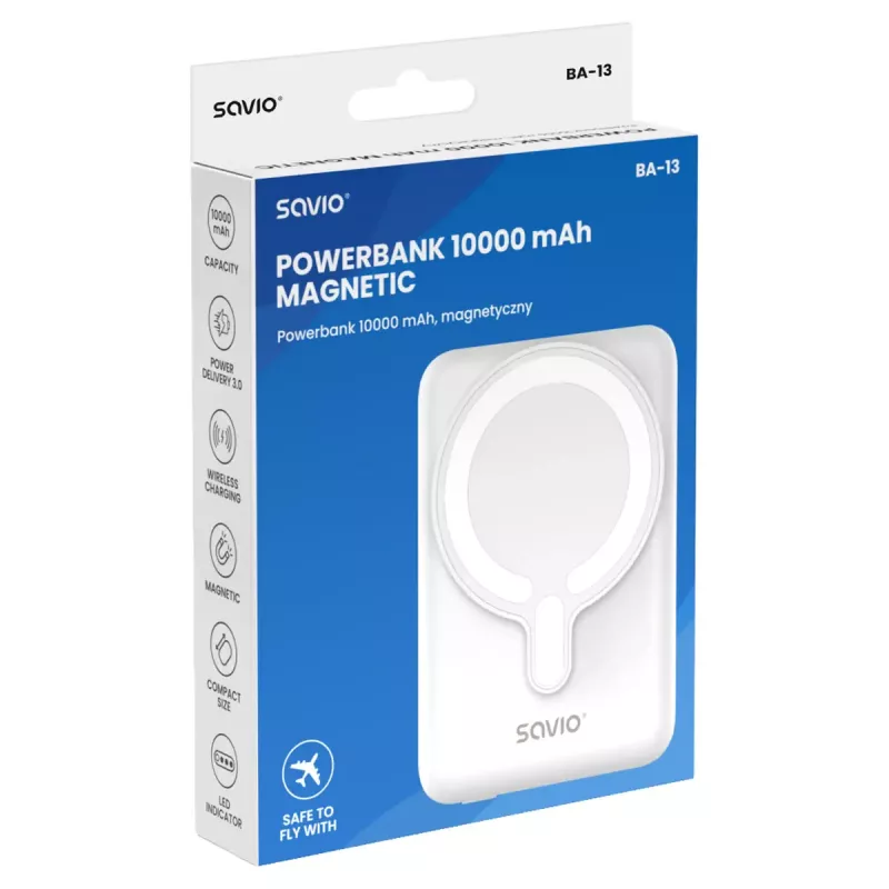 Power bank SAVIO BA-13 10000 mAh su belaidžiu įkrovimu ir 20 W išvestimi, Baltas