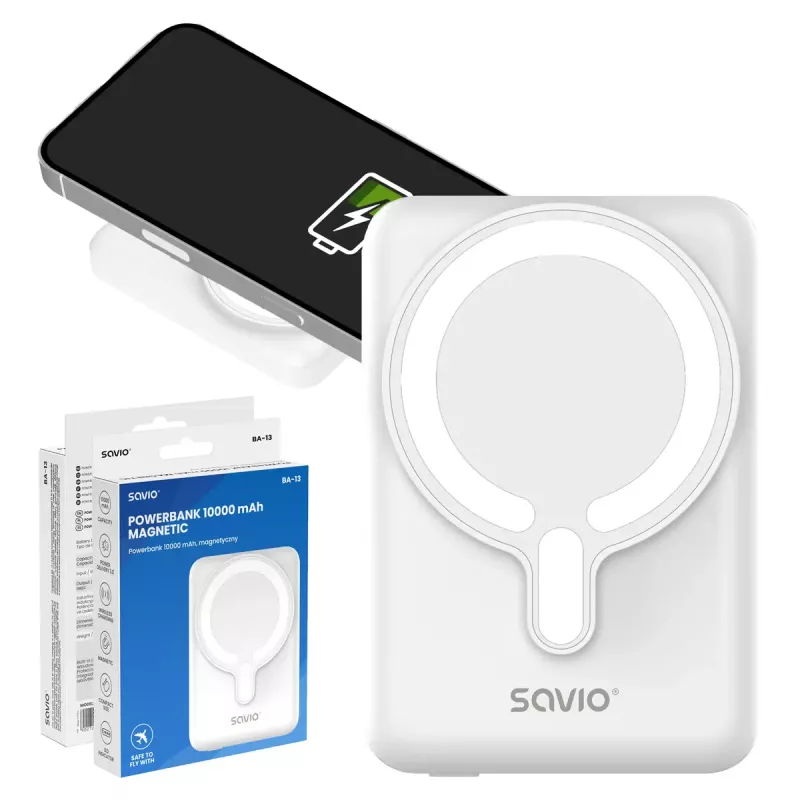 Power bank SAVIO BA-13 10000 mAh su belaidžiu įkrovimu ir 20 W išvestimi, Baltas