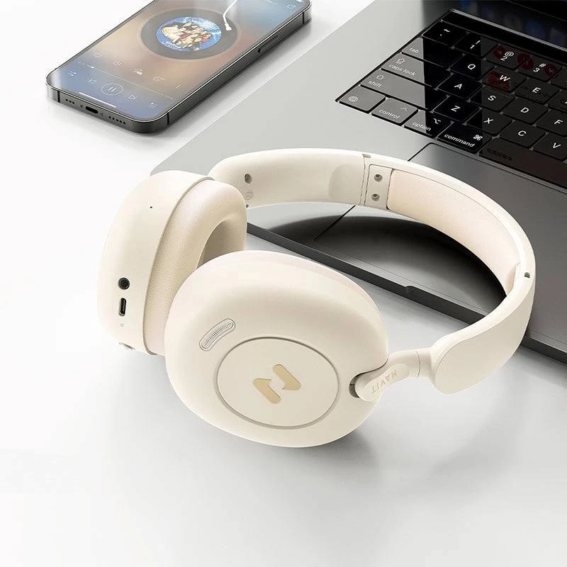 Belaidės ausinės per ausį HAVIT H655BT PRO — smėlio spalvos, Bluetooth garsas