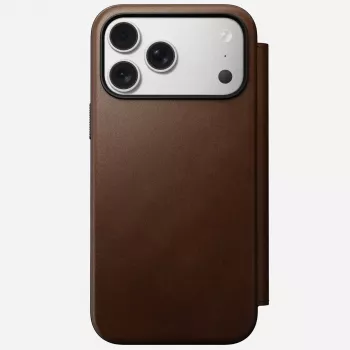 Odinis dėklas su užsegimu Nomad Modern Leather Folio, skirtas iPhone 17 Pro Max (6,9 colio), ruda spalva, oda/aliuminis, 4 kortelių kišenės
