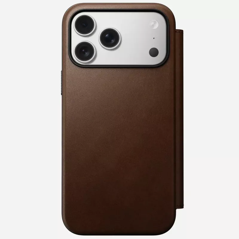 Odinis dėklas su užsegimu Nomad Modern Leather Folio, skirtas iPhone 17 Pro Max (6,9 colio), ruda spalva, oda/aliuminis, 4 kortelių kišenės