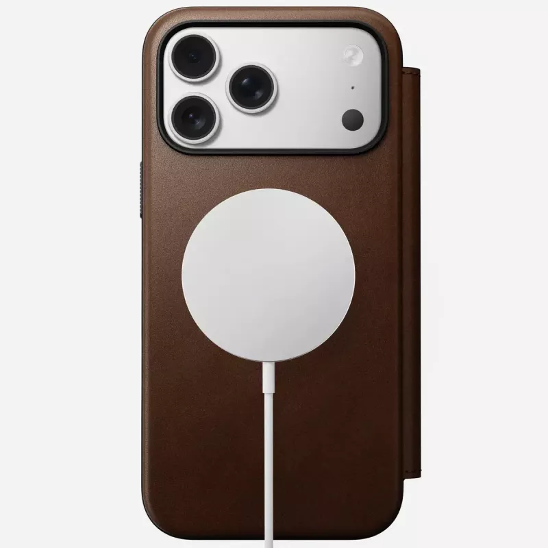 Odinis dėklas su užsegimu Nomad Modern Leather Folio, skirtas iPhone 17 Pro Max (6,9 colio), ruda spalva, oda/aliuminis, 4 kortelių kišenės