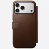 Odinis dėklas su užsegimu Nomad Modern Leather Folio, skirtas iPhone 17 Pro Max (6,9 colio), ruda spalva, oda/aliuminis, 4 kortelių kišenės