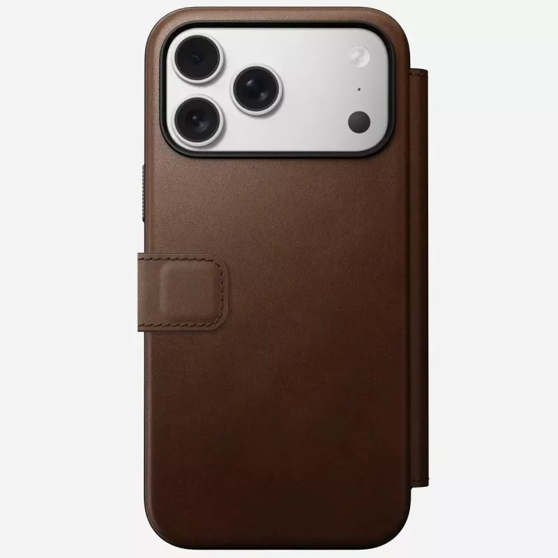 Odinis dėklas su užsegimu Nomad Modern Leather Folio, skirtas iPhone 17 Pro Max (6,9 colio), ruda spalva, oda/aliuminis, 4 kortelių kišenės