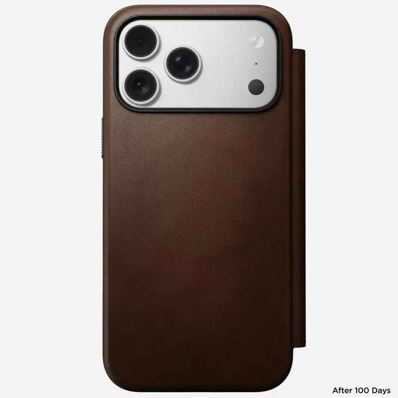 Odinis dėklas su užsegimu Nomad Modern Leather Folio, skirtas iPhone 17 Pro Max (6,9 colio), ruda spalva, oda/aliuminis, 4 kortelių kišenės