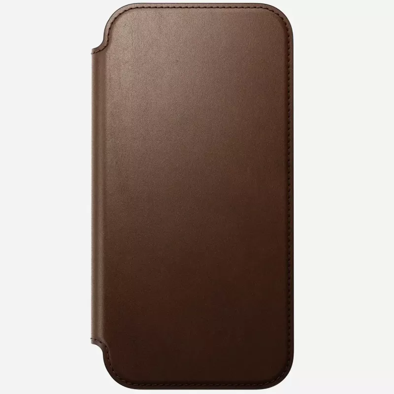 Odinis dėklas su užsegimu Nomad Modern Leather Folio, skirtas iPhone 17 Pro Max (6,9 colio), ruda spalva, oda/aliuminis, 4 kortelių kišenės