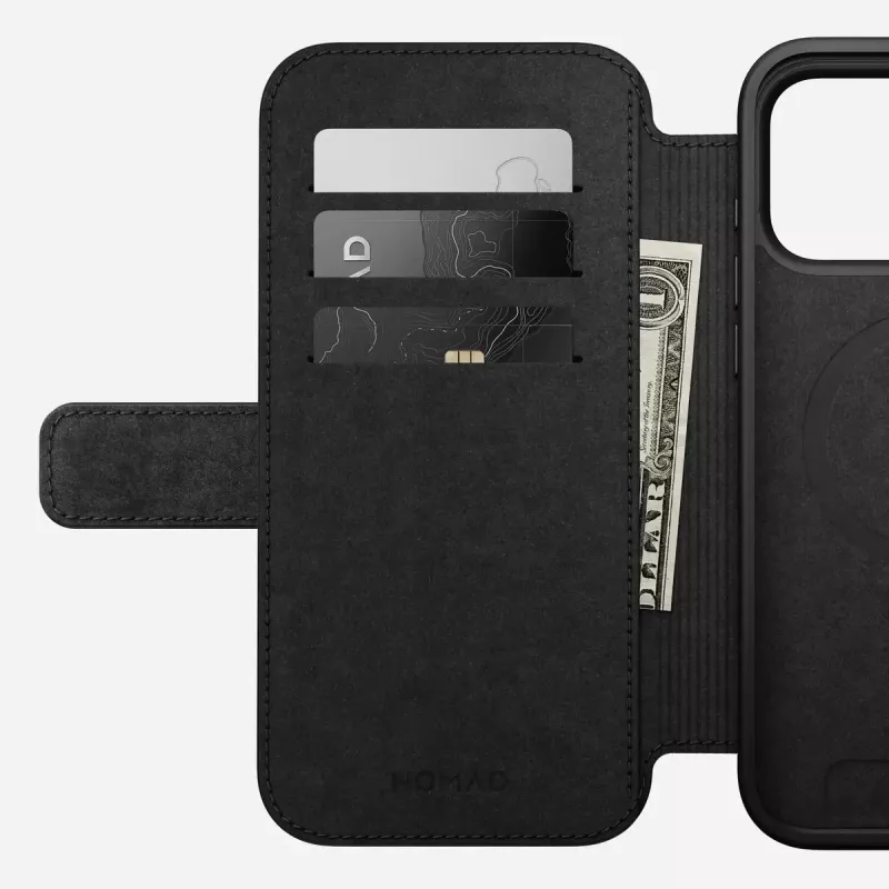 Odinis dėklas su užsegimu Nomad Modern Leather Folio, skirtas iPhone 17 Pro Max (6,9 colio), ruda spalva, oda/aliuminis, 4 kortelių kišenės