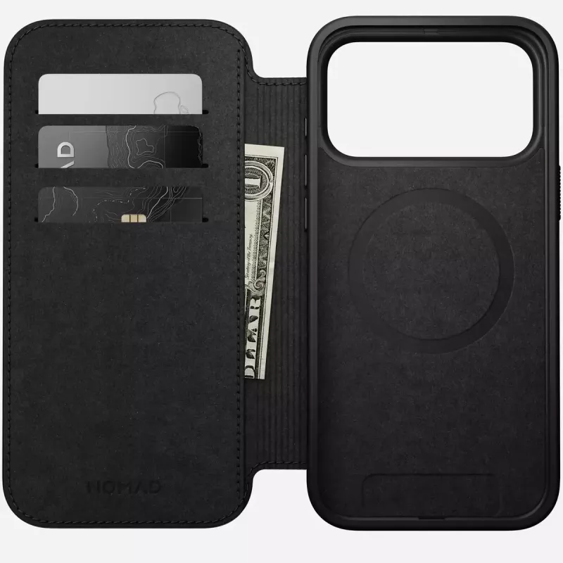 Odinis dėklas su užsegimu Nomad Modern Leather Folio, skirtas iPhone 17 Pro Max (6,9 colio), ruda spalva, oda/aliuminis, 4 kortelių kišenės
