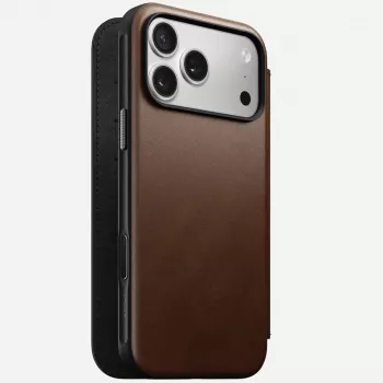 Odinis dėklas su užsegimu Nomad Modern Leather Folio, skirtas iPhone 17 Pro Max (6,9 colio), ruda spalva, oda/aliuminis, 4 kortelių kišenės
