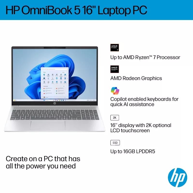 HP OmniBook 5 16-bc1002na AMD Ryzen™ 5 8540U nešiojamas kompiuteris 40,6 cm (16 colių) liečiamas ekranas 2K 8 GB LPDDR5-SDRAM 512 GB SSD Wi-Fi 6 (802.11ax) Windows 11 Home sidabrinis