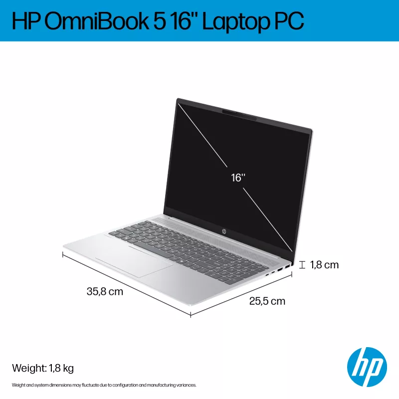 HP OmniBook 5 16-bc1002na AMD Ryzen™ 5 8540U nešiojamas kompiuteris 40,6 cm (16 colių) liečiamas ekranas 2K 8 GB LPDDR5-SDRAM 512 GB SSD Wi-Fi 6 (802.11ax) Windows 11 Home sidabrinis