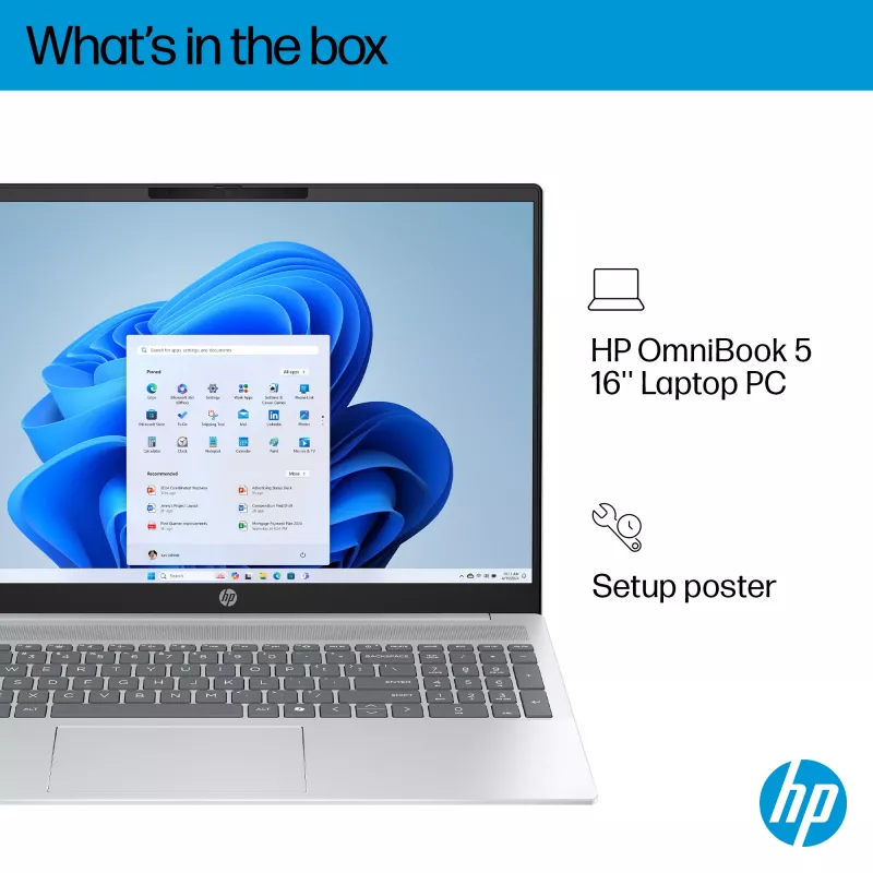 HP OmniBook 5 16-bc1002na AMD Ryzen™ 5 8540U nešiojamas kompiuteris 40,6 cm (16 colių) liečiamas ekranas 2K 8 GB LPDDR5-SDRAM 512 GB SSD Wi-Fi 6 (802.11ax) Windows 11 Home sidabrinis