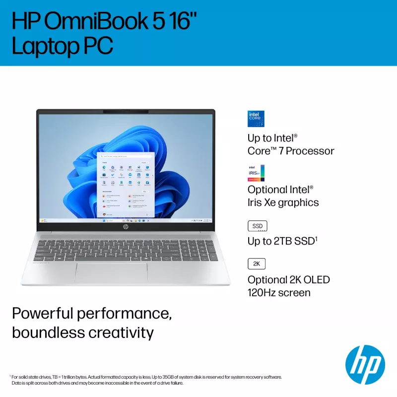 HP OmniBook 5 16-ba1005na 40,6 cm (16 colių) 2K nešiojamas kompiuteris – Intel® Core™ i3-1315U, 8 GB LPDDR5, 512 GB SSD, Wi-Fi 6, Windows 11 Home, sidabrinis