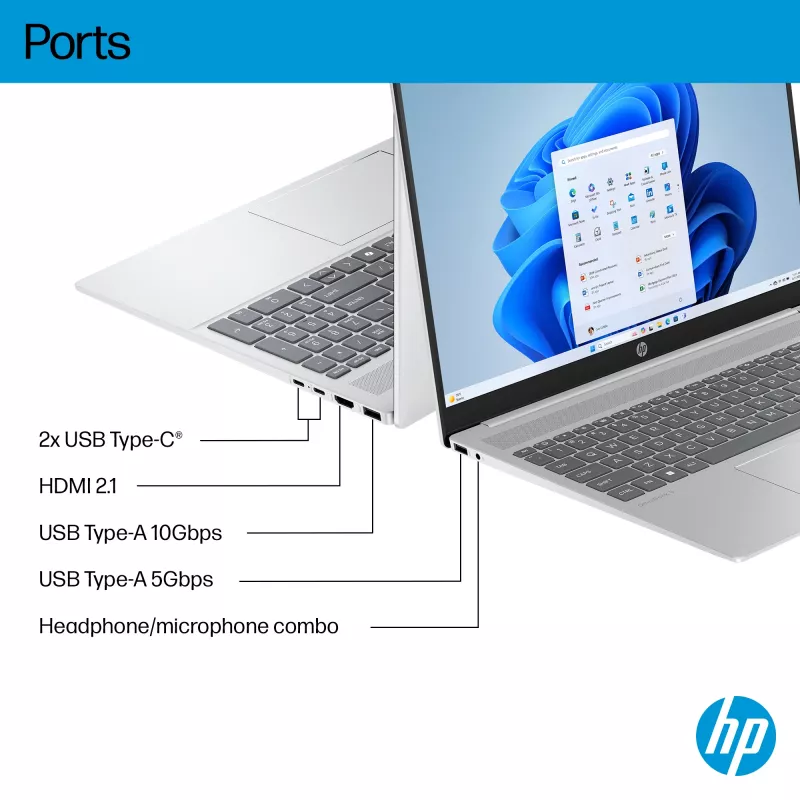 HP OmniBook 5 16-ba1005na 40,6 cm (16 colių) 2K nešiojamas kompiuteris – Intel® Core™ i3-1315U, 8 GB LPDDR5, 512 GB SSD, Wi-Fi 6, Windows 11 Home, sidabrinis