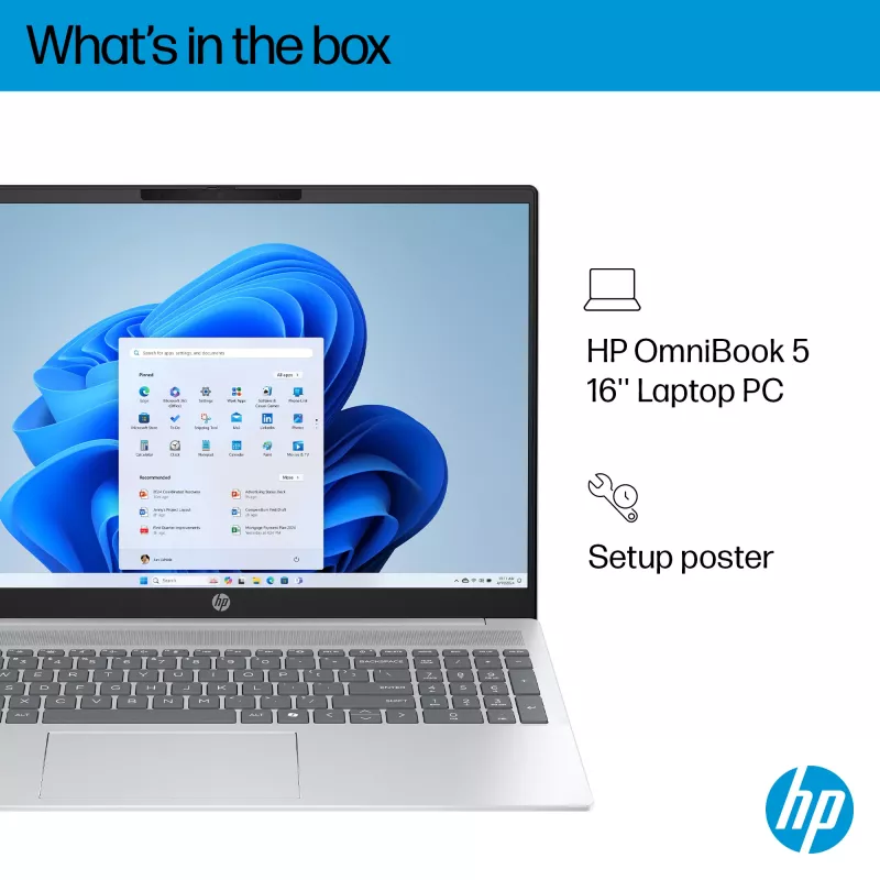 HP OmniBook 5 16-ba1005na 40,6 cm (16 colių) 2K nešiojamas kompiuteris – Intel® Core™ i3-1315U, 8 GB LPDDR5, 512 GB SSD, Wi-Fi 6, Windows 11 Home, sidabrinis