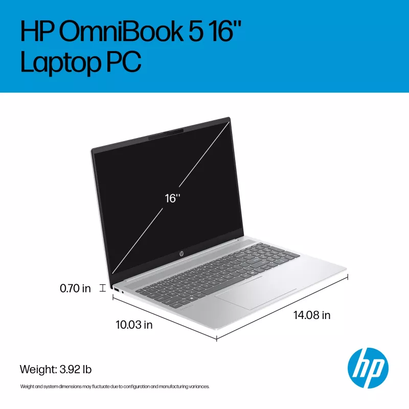 HP OmniBook 5 16-ba1005na 40,6 cm (16 colių) 2K nešiojamas kompiuteris – Intel® Core™ i3-1315U, 8 GB LPDDR5, 512 GB SSD, Wi-Fi 6, Windows 11 Home, sidabrinis