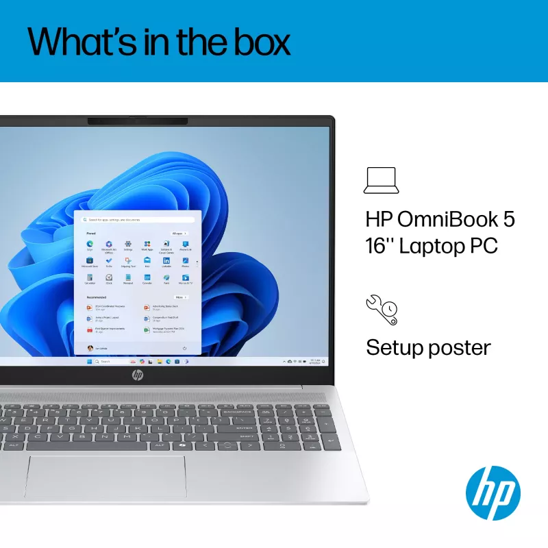 HP OmniBook 5 16-ba1005na 40,6 cm (16 colių) 2K nešiojamas kompiuteris – Intel® Core™ i3-1315U, 8 GB LPDDR5, 512 GB SSD, Wi-Fi 6, Windows 11 Home, sidabrinis