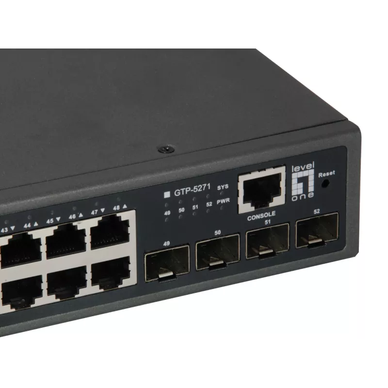 LevelOne GTP-5271 52 prievadų L3 Lite valdomas Gigabit PoE jungiklis, 4 x 10GbE SFP+, 48 PoE išėjimai, 400W PoE galios biudžetas