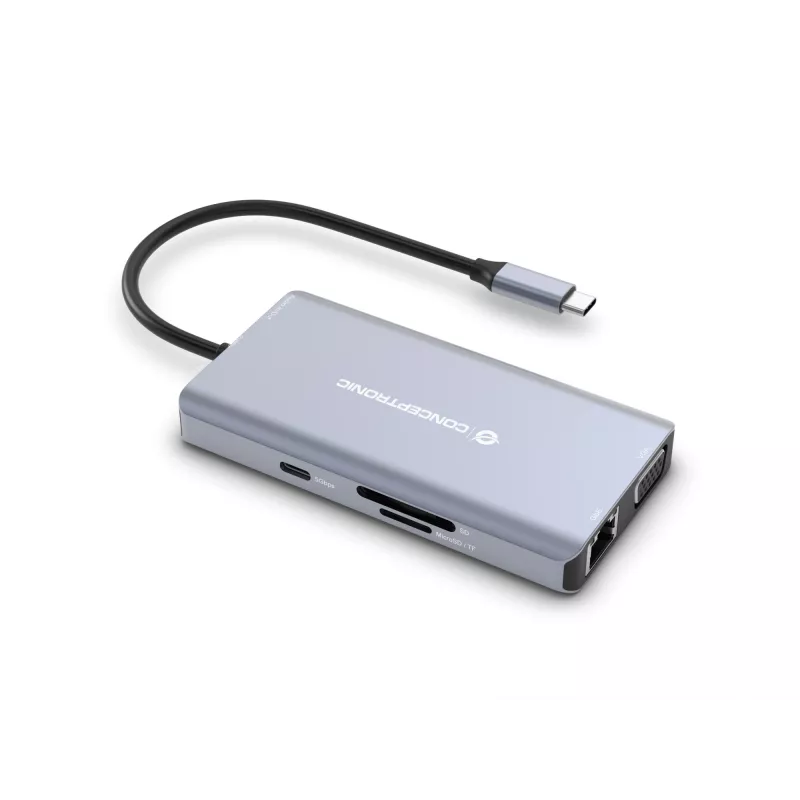 Conceptronic DONN20G 10-in-1 USB 3.2 Gen 1 Dockingo stotelė, HDMI, VGA, USB-A 5Gbps, USB-C 5Gbps, SD, TF/MicroSD, Garsas, GbE LAN, 100W USB PD