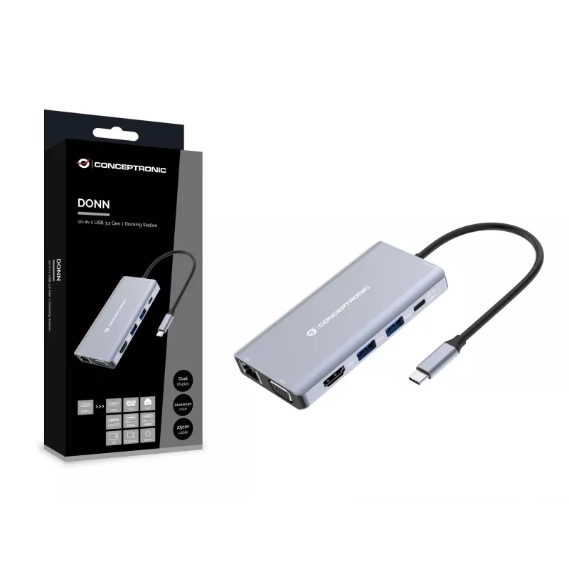 Conceptronic DONN20G 10-in-1 USB 3.2 Gen 1 Dockingo stotelė, HDMI, VGA, USB-A 5Gbps, USB-C 5Gbps, SD, TF/MicroSD, Garsas, GbE LAN, 100W USB PD