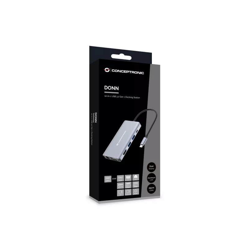 Conceptronic DONN20G 10-in-1 USB 3.2 Gen 1 Dockingo stotelė, HDMI, VGA, USB-A 5Gbps, USB-C 5Gbps, SD, TF/MicroSD, Garsas, GbE LAN, 100W USB PD