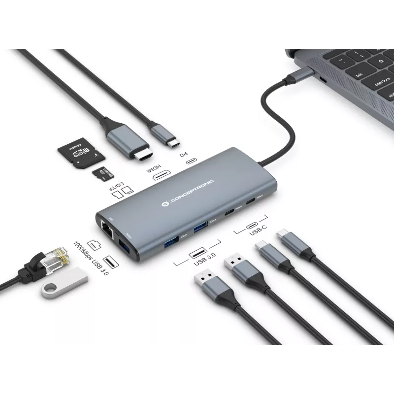 Conceptronic DONN06G 10-in-1 USB 3.2 Gen 1 dokavimo stotelė, HDMI, 100W USB PD, USB-C 5Gbps x 2, USB-A 5Gbps x 3, SD, TF/MicroSD, GbE