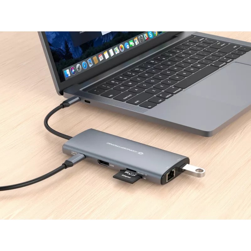 Conceptronic DONN06G 10-in-1 USB 3.2 Gen 1 dokavimo stotelė, HDMI, 100W USB PD, USB-C 5Gbps x 2, USB-A 5Gbps x 3, SD, TF/MicroSD, GbE