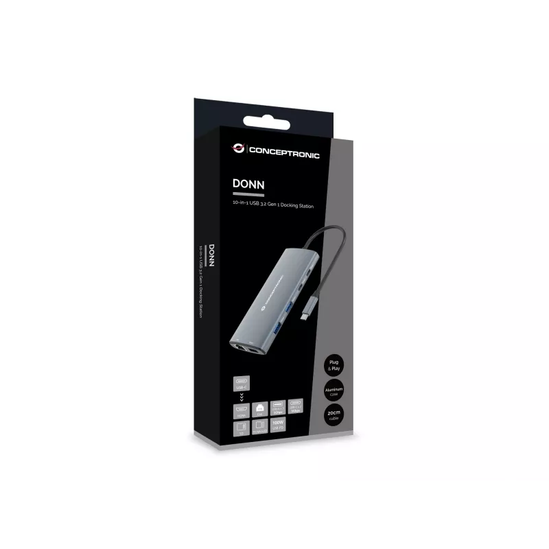 Conceptronic DONN06G 10-in-1 USB 3.2 Gen 1 dokavimo stotelė, HDMI, 100W USB PD, USB-C 5Gbps x 2, USB-A 5Gbps x 3, SD, TF/MicroSD, GbE
